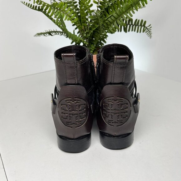 Tory Burch Colton Flat Leather Bootie Dark Brown logo Size 6 - Picture 5 of 15